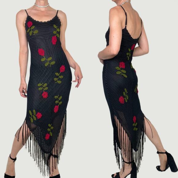 Cache crochet beaded rose floral embroidered maxi dress cocktail fringe hem S - Picture 3 of 17